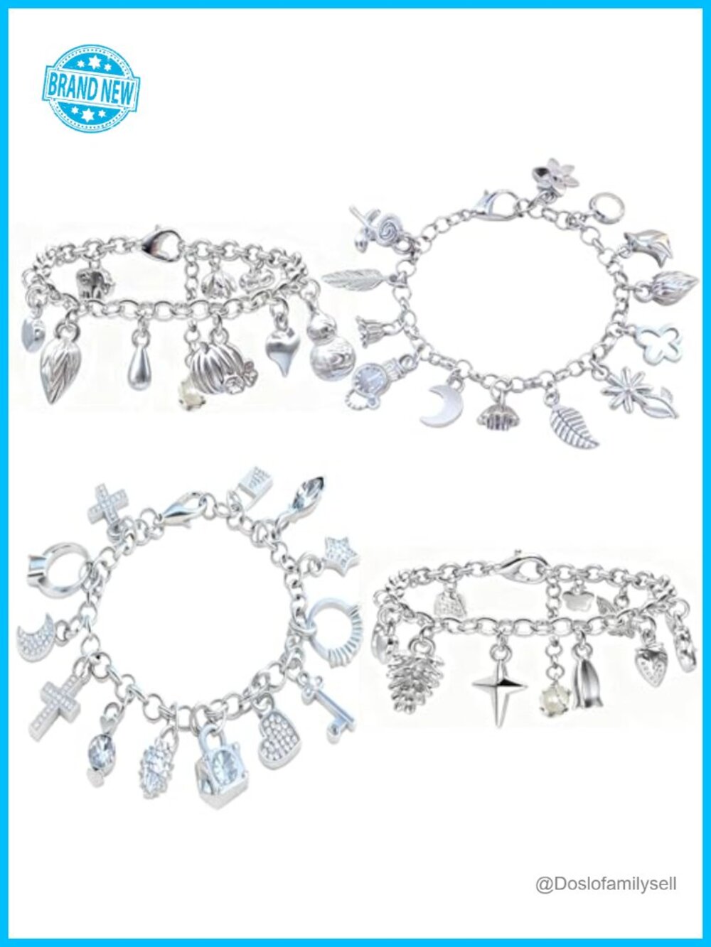 4pcs Sterling Silver Adjustable Dainty Charm Layered Bracelets Set With 13